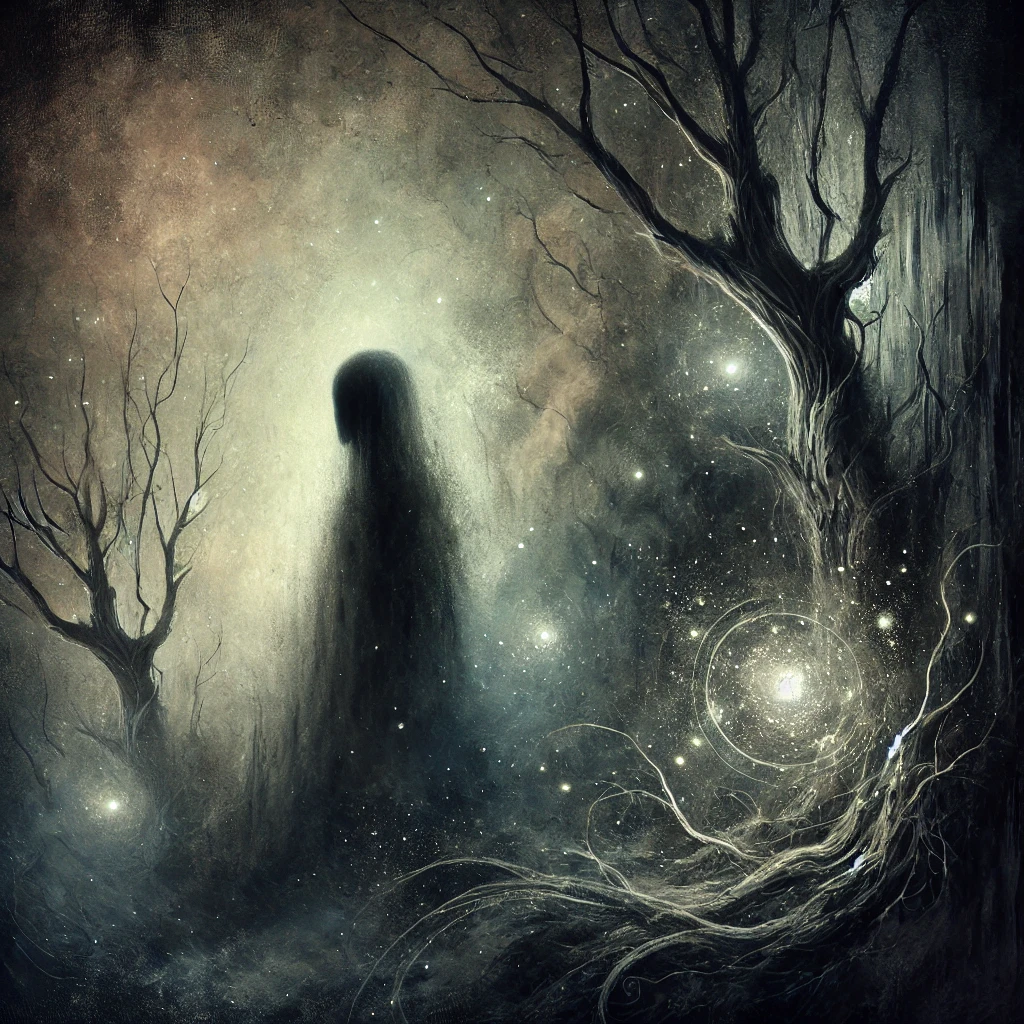 DALL·E 2024 11 15 07.56.56 A dark and haunting spiritual artwork depicting an ethereal shadowy figure in a dimly lit forest. The figure is surrounded by a foggy atmosphere sym