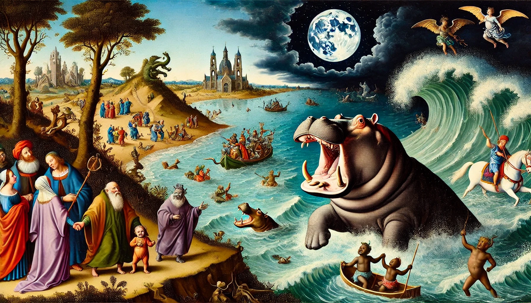 DALL·E-2024-09-13-16.22.06-A-scene-inspired-by-Hieronymus-Bosch_-A-large-hippopotamus-emerges-from-turbulent-river-waves-with-a-facial-expression-that-combines-anger-sarcasm-a