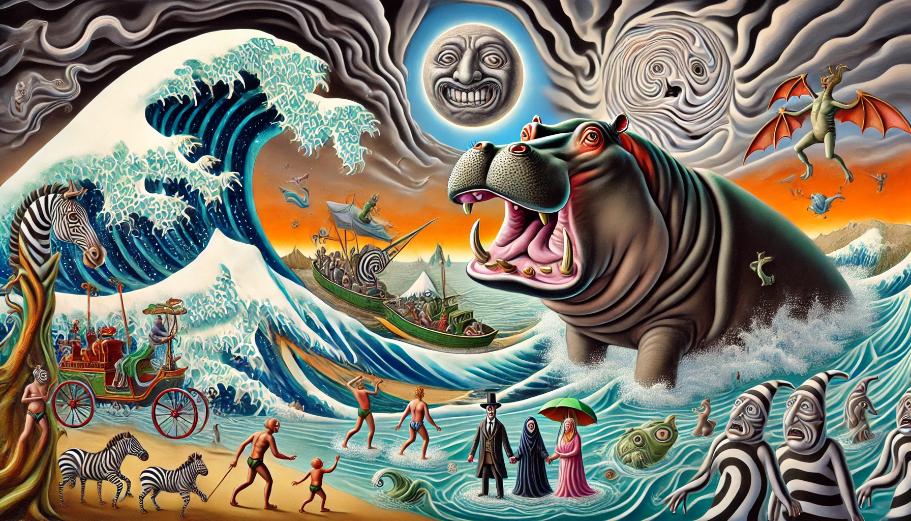 DALL·E-2024-09-13-16.23.28-A-surreal-scene-inspired-by-Salvador-Dali_-A-large-hippopotamus-emerges-from-turbulent-river-waves-with-a-facial-expression-that-combines-anger-sarca