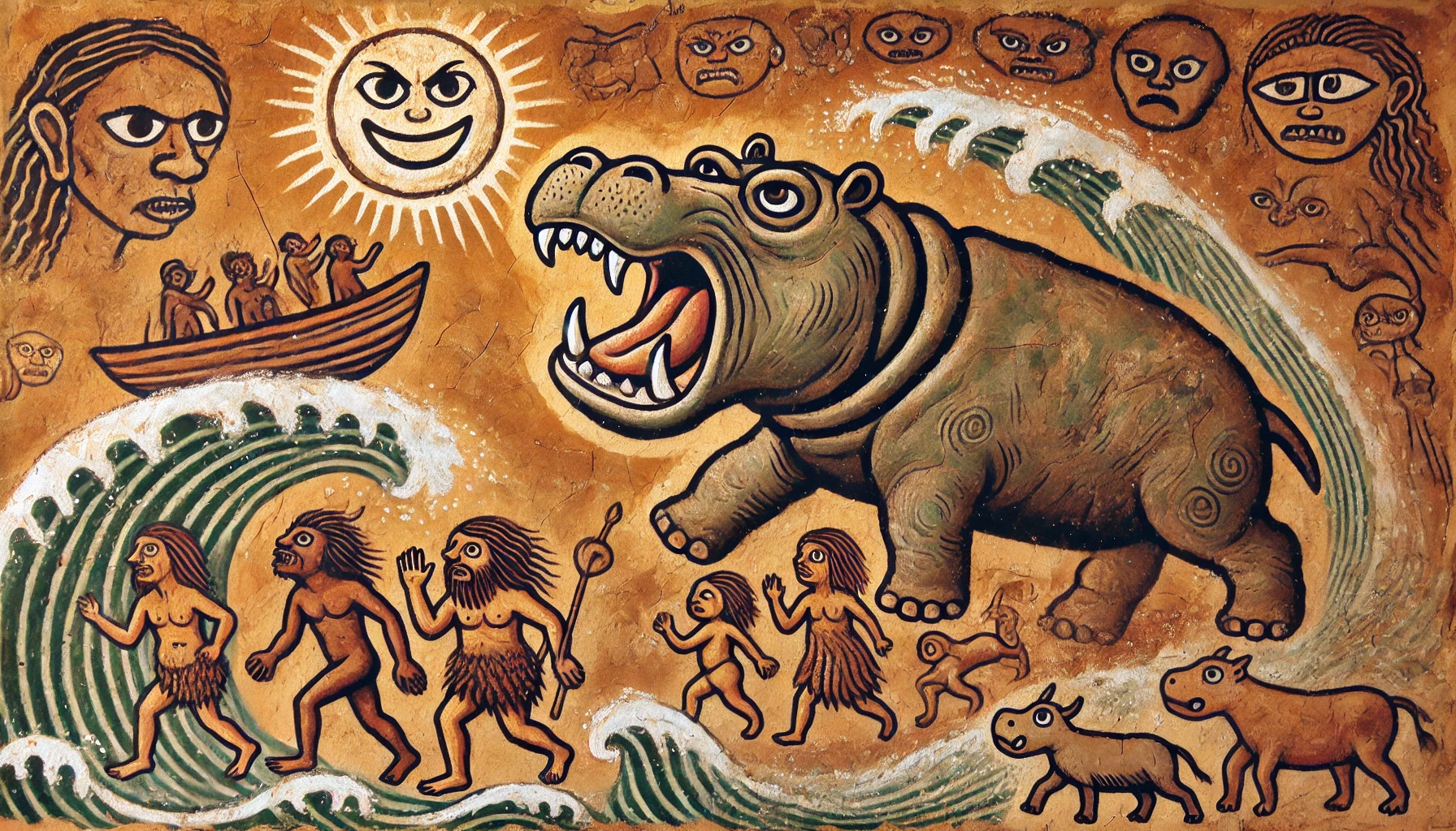 DALL·E-2024-09-13-16.28.01-A-scene-in-the-style-of-prehistoric-cave-paintings_-A-large-hippopotamus-emerges-from-turbulent-river-waves-with-a-facial-expression-that-shows-anger