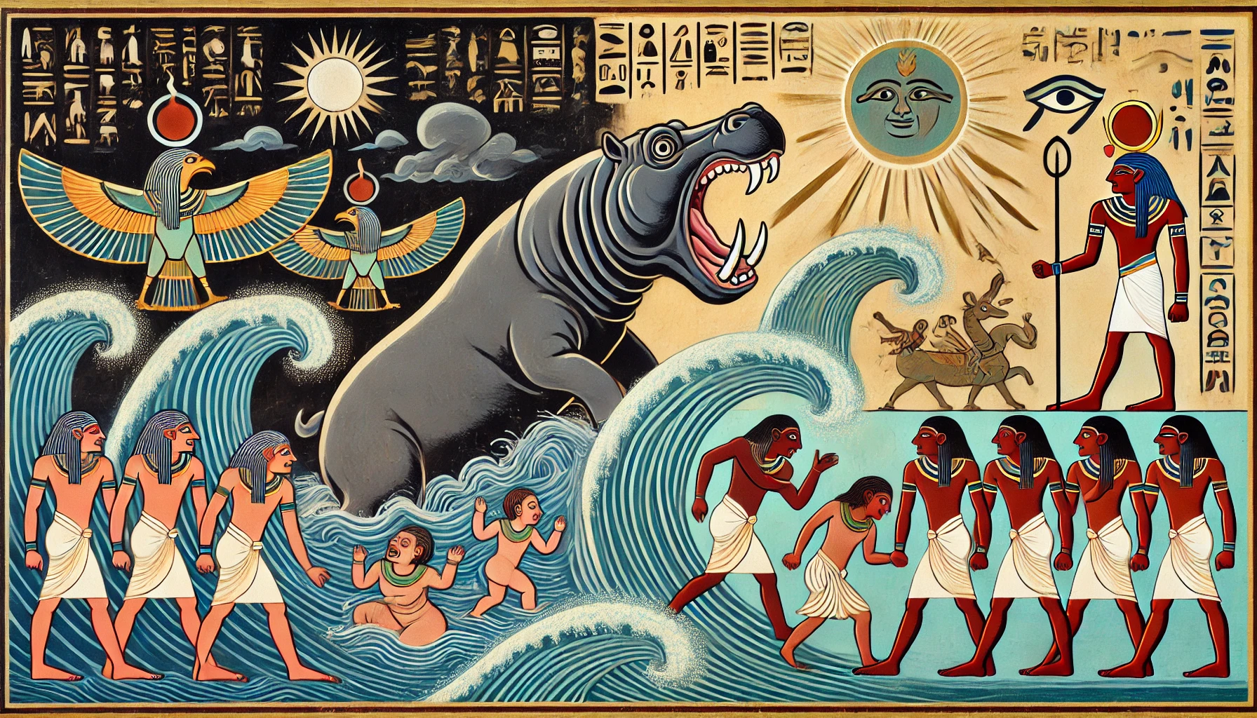 DALL·E-2024-09-13-16.33.35-A-scene-in-the-style-of-ancient-Egyptian-art_-A-large-hippopotamus-emerges-from-turbulent-river-waves-with-a-stylized-expression-combining-anger-sarc