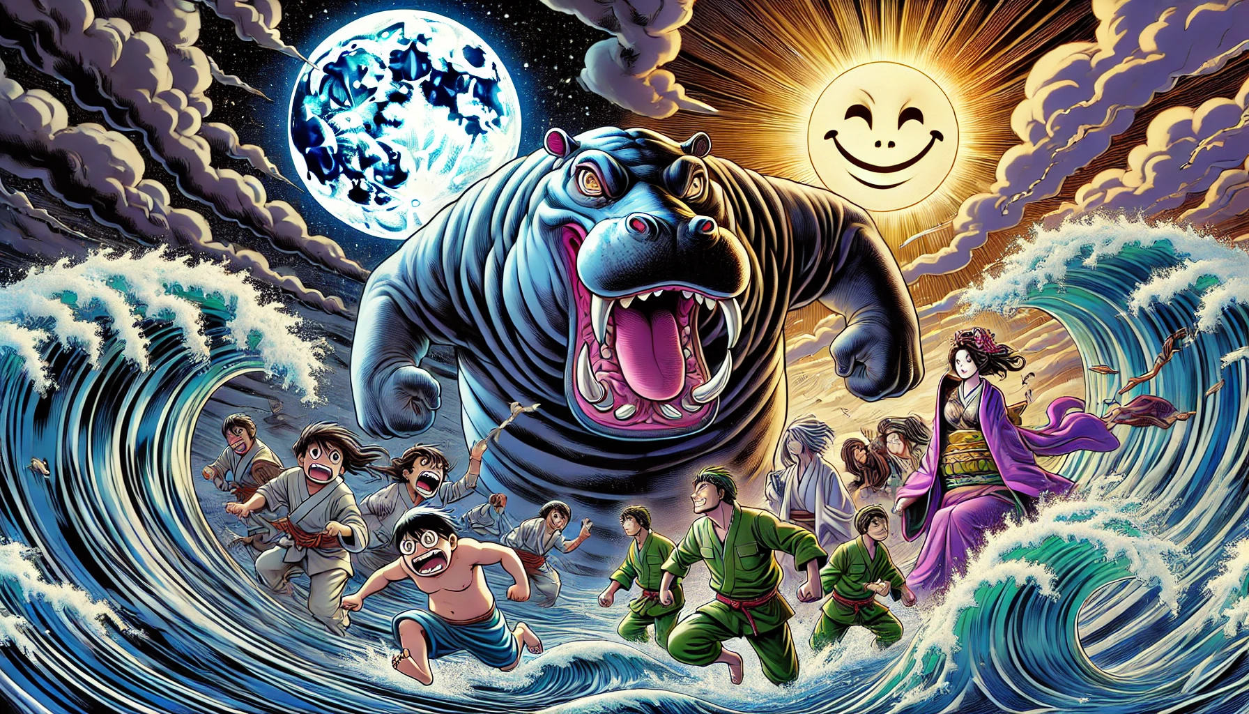 DALL·E-2024-09-13-16.34.16-A-scene-in-the-style-of-Japanese-anime-and-manga_-A-large-dynamic-hippopotamus-emerges-from-turbulent-river-waves-with-an-exaggerated-expression-that